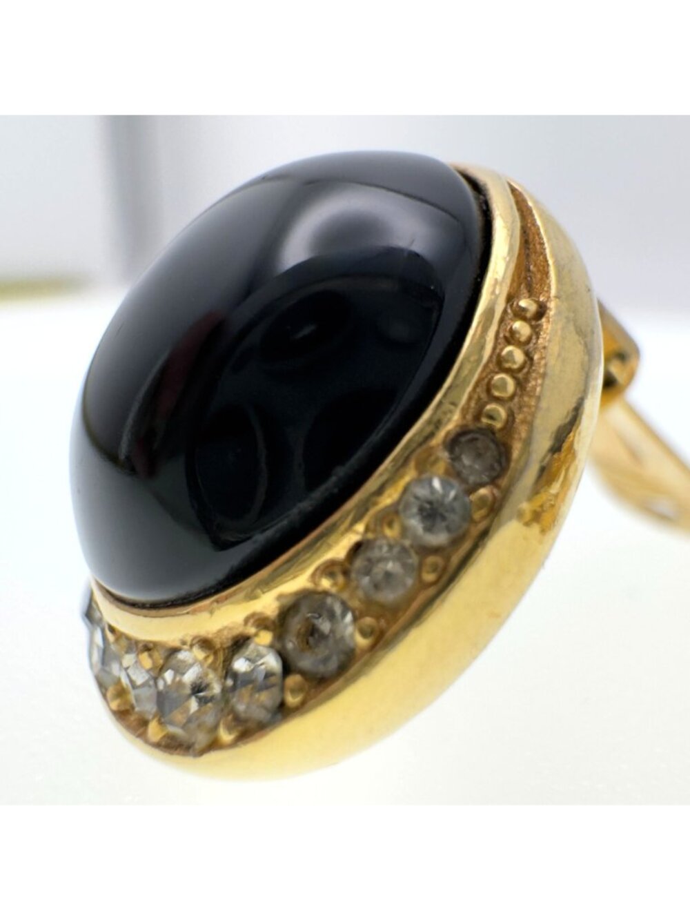 Authentic Dior Vtg 80s Black Onyx-Style Halo Clip-On Gold-Tone Crystal Earrings - Picture 11 of 11